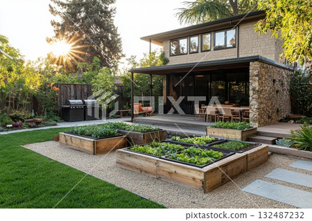 Beautiful backyard garden with raised beds, evening sun, and a welcoming home in a serene setting Generative AI Beautiful backyard garden with raised beds, evening sun, and a welcoming home in a serene setting Generative AI 132487232