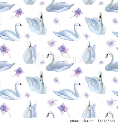 Watercolor seamless pattern with swans. Good for postcards, wallpaper, invitations, greeting cards and textiles. Watercolor seamless pattern with swans. Good for postcards, wallpaper, invitations, greeting cards and textiles. 132487285
