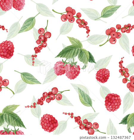 Watercolor raspberry and red currant seamless pattern 132487367