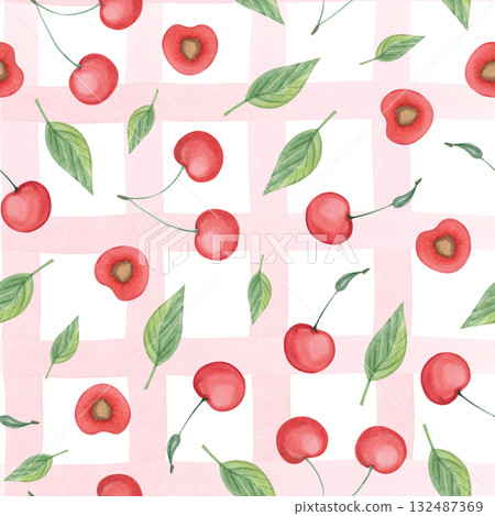 Watercolor cherry seamless pattern 132487369