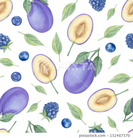 Watercolor plum and berry seamless pattern 132487370