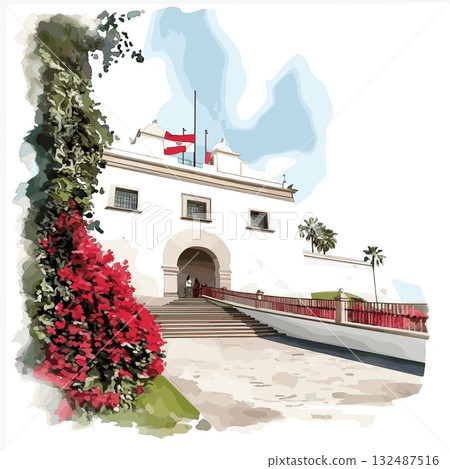 Larco Museum. Larco Museum hand drawn watercolor illustration Larco Museum. Larco Museum hand drawn watercolor illustration 132487516