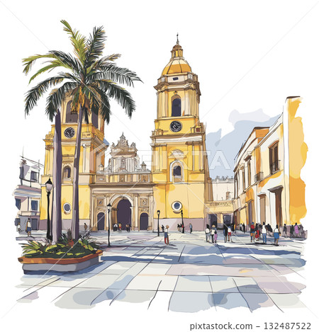 Lima - Plaza Mayor and Historic Center. Lima - Plaza Mayor and Historic Center hand drawn watercolor illustration Lima - Plaza Mayor and Historic Center. Lima - Plaza Mayor and Historic Center hand drawn watercolor illustration 132487522