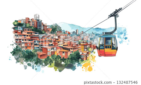 Medellin Comuna 13 and Cable Cars. Medellin Comuna 13 and Cable Cars hand drawn watercolor illustration 132487546