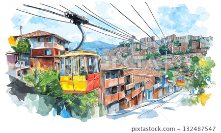 Medellin Comuna 13 and Cable Cars. Medellin Comuna 13 and Cable Cars hand drawn watercolor illustration 132487547