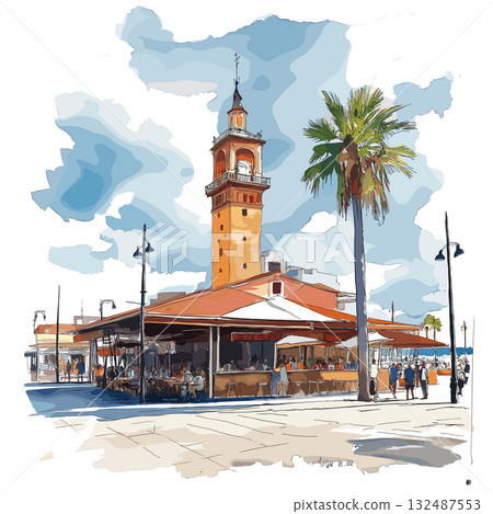 Mercado del Puerto. Mercado del Puerto hand drawn watercolor illustration 132487553