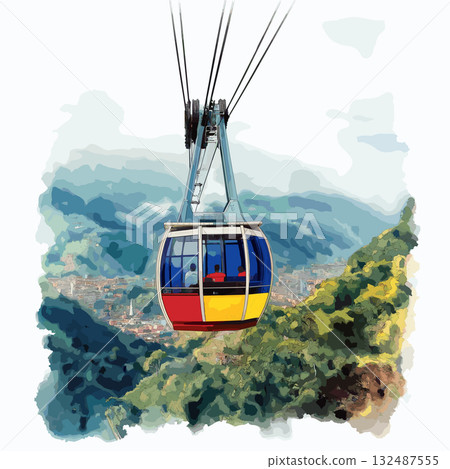 Merida Cable Car. Merida Cable Car hand drawn watercolor illustration Merida Cable Car. Merida Cable Car hand drawn watercolor illustration 132487555
