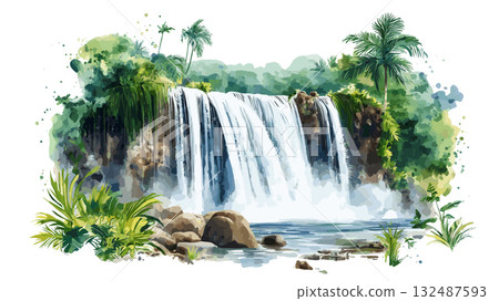 Orinduik Falls. Orinduik Falls hand drawn watercolor illustration 132487593