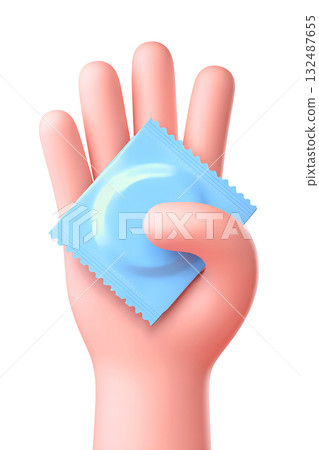 3d cartoon hand holding single condom, isolated on transparent background, perfect for safe sex awareness, sexual health campaigns and educational materials 132487655