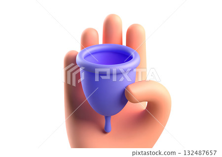 3d cartoon hand holding purple menstrual cup, isolated for concepts of menstrual health, sustainable period care and feminine hygiene 132487657