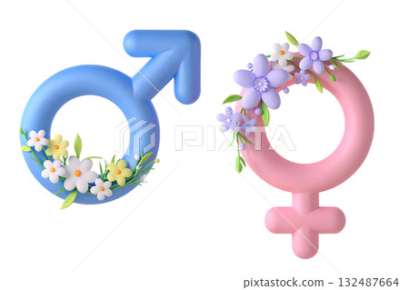 Feminine and masculine signs intertwined with delicate flowers and leaves, symbolizing romance, gender harmony and unity in 3d illustration on transparent background 132487664