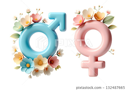 Male and female gender symbols beautifully decorated with blooming flowers, representing love, equality and partnership in 3d render isolated on transparent background 132487665