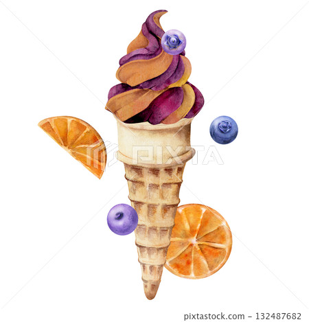 Soft ice cream swirl in wafer cone with fresh orange slices and blueberry berries. Isolated illustration hand drawn in watercolor. Citrus flavor art, summer product design, fruit-themed gift wrap. 132487682