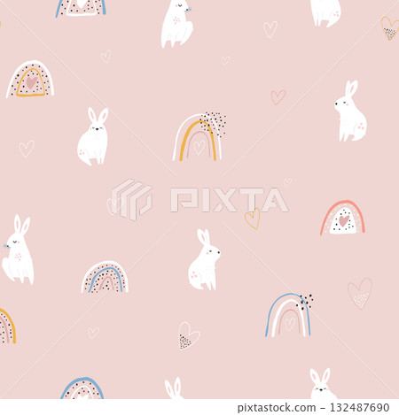 Cute White Bunny and Rainbows Seamless Patterns on Pink Background 132487690