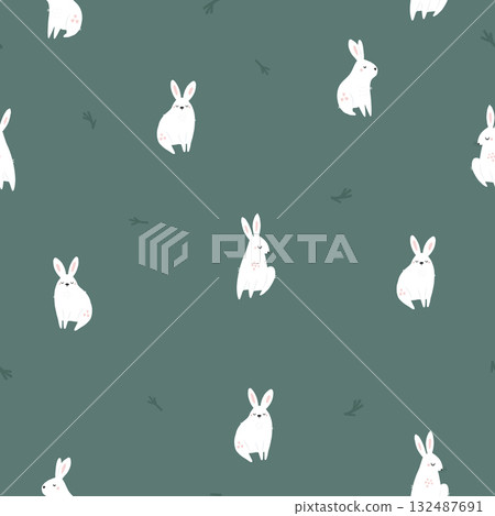 Seamless Pattern with Cute White Cartoon Bunnies. Minimalist Kids Wallpaper, Fabric, or Wrapping Paper Design. Seamless Pattern with Cute White Cartoon Bunnies. Minimalist Kids Wallpaper, Fabric, or Wrapping Paper Design. 132487691