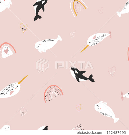 Cute Arctic Whales Seamless Pattern. Adorable Narwhal, Beluga, and Orca, Rainbows Kids Background. 132487693