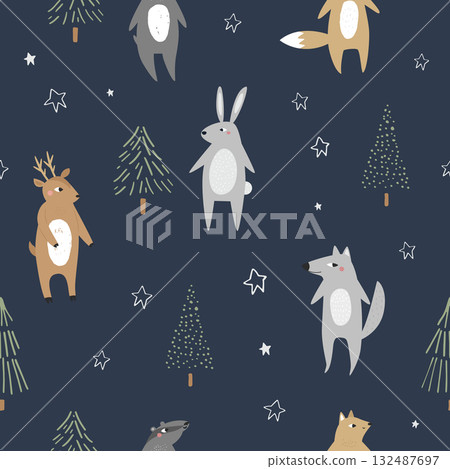 Seamless Christmas Pattern with Woodland Animal Characters and Stylized Trees 132487697