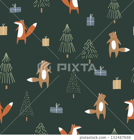 Seamless Christmas Pattern with Woodland Foxes Characters, Stylized Trees and Gifts 132487698