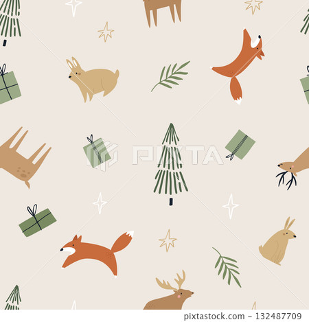 Seamless Christmas Pattern with Woodland Animals, Stylized Trees, Gifts 132487709
