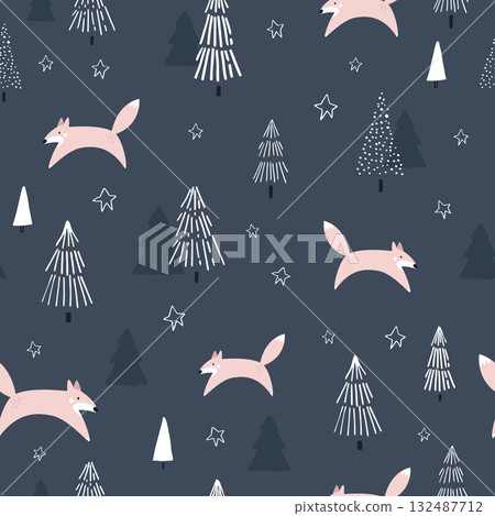 Seamless Christmas Pattern with Woodland Foxes and Stylized Trees Seamless Christmas Pattern with Woodland Foxes and Stylized Trees 132487712