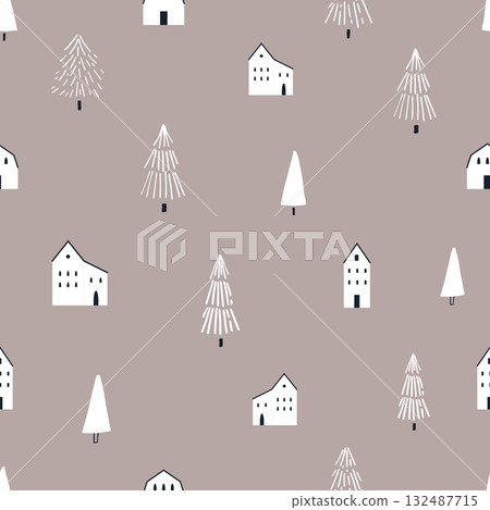 Minimal Seamless Christmas Pattern with Stylized Trees and Buildings Minimal Seamless Christmas Pattern with Stylized Trees and Buildings 132487715