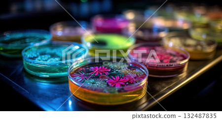 Petri dish cultures glowing in a modern laboratory setting 132487835