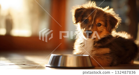 Puppy waiting for food by bowl in warm sunlight Puppy waiting for food by bowl in warm sunlight 132487836