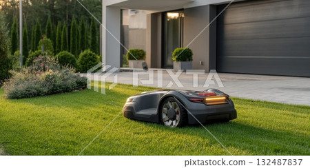 Robotic lawnmower cutting grass in modern house garden 132487837