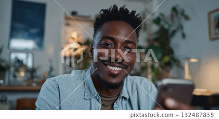 Black man smiling and making a video call at home Black man smiling and making a video call at home 132487838