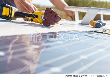 RV solar panel installation. Caravan roof repair 132488024