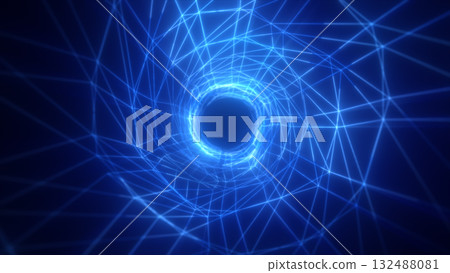 Bright blue abstract tunnel made of intersecting neon lines forming a geometric vortex Bright blue abstract tunnel made of intersecting neon lines forming a geometric vortex 132488081