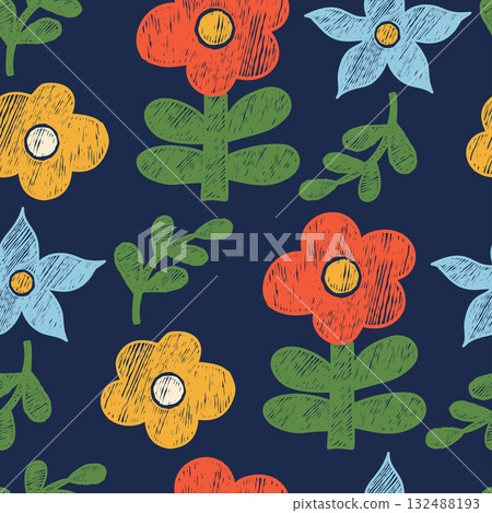 Floral Seamless Pattern. Hand-Drawn Crayon Ornament with Bright Flowers and Plants on dark navy blue background. Primitive Textured Square Drawing doodle. Vector illustration. Not AI 132488193