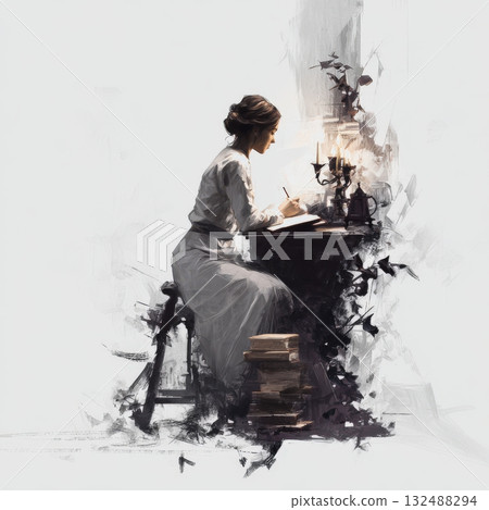 Woman writing at desk by candlelight, creative process 132488294