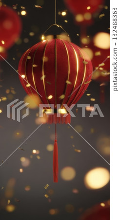 Red chinese lantern hanging, showering gold confetti, celebrating lunar new year 132488363