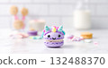 Purple unicorn macaron standing on white surface 132488370