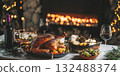 Turkey dinner with red wine by fireplace 132488374