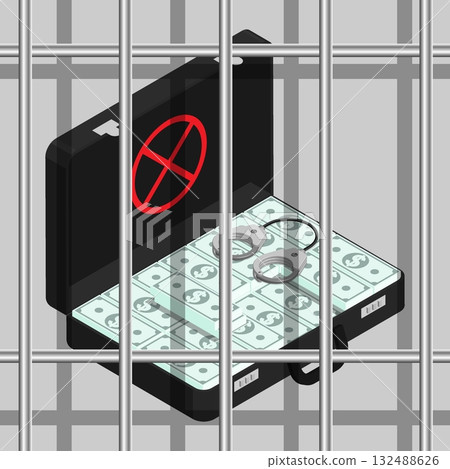 Isometric suitcase full of money behind prison bars inside a prison cell. Punishment for financial fraud. Cartoon 3D vector isolated on gray background 132488626