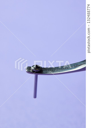 Piercing earrings close-up. On a Violet background. 132488774