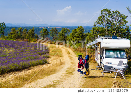 Clothes hanging to dry outdoors by camping car. Caravan vacation in France 132488979