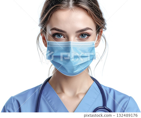 Female nurse wearing a protective face mask 132489176