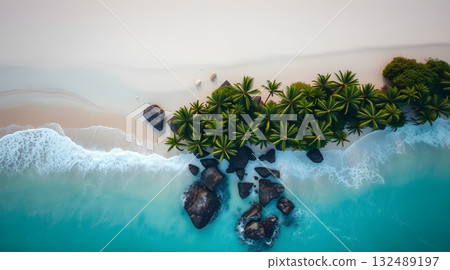 Blue ocean waves with clear water and tropical beach scene. 132489197