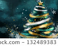 An illustration of a Christmas tree decorated with white and golden ribbons 132489383