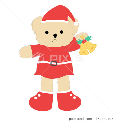 Cute Santa Teddy Bear with Jingle Bells Clipart, Festive Christmas Holiday Graphic 132489407