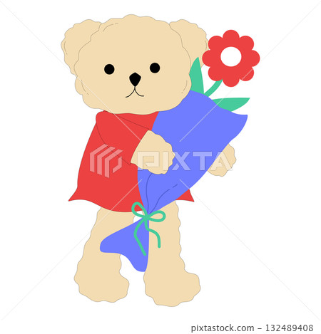 Cute Teddy Bear Holding Flower Bouquet 132489408