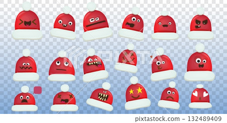 Vector cartoon santa red hat character collection isolated on transparent background. Childrens Merry Christmas design elements big set with funky hats. Christmas smile, emoji and sticker collection. 132489409