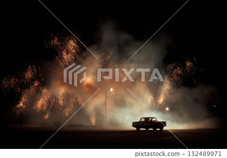 Fireworks illuminate the night sky near an old car 132489971