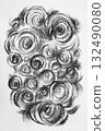 An abstract drawing of numerous charcoal spiral on textured paper 132490080