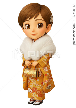 微笑的 3D 赤壁人物，短髮，身穿金黃色的振袖。 132490163