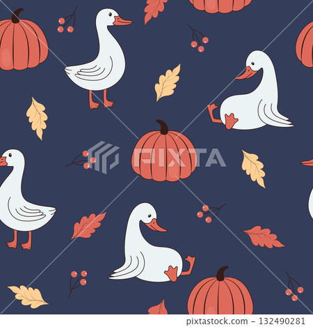 cute geese and pumpkins 132490281