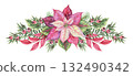 Watercolor Christmas wide arrangement with Poinsettia flower and yew leaves hand drawn with sparkling and pencil texture. Festive pink and green composition. Perfect for greeting card and design. 132490342